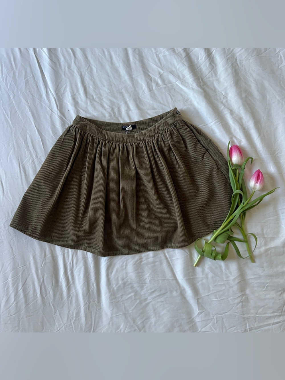 Olive Green Corduroy Pocketed Skirt